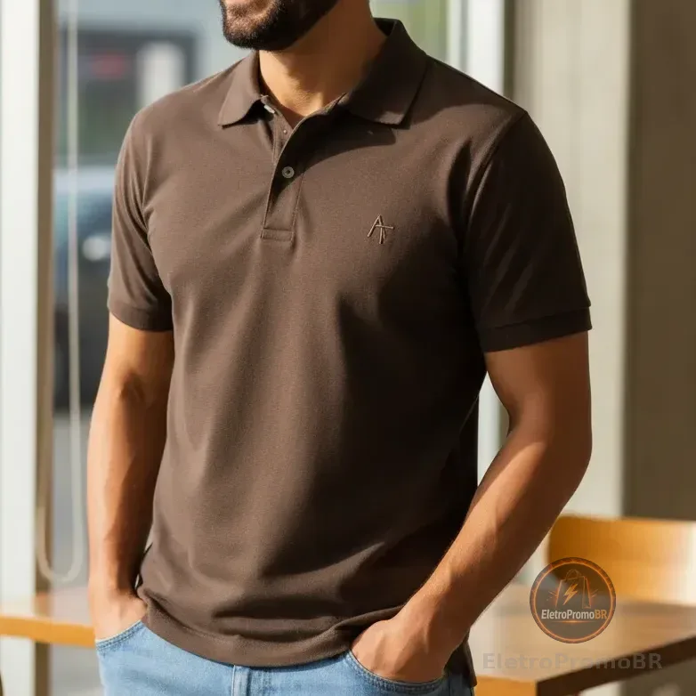 Camisa Gola Polo Attire Masculina Algodao Premium Marrom Lisa P