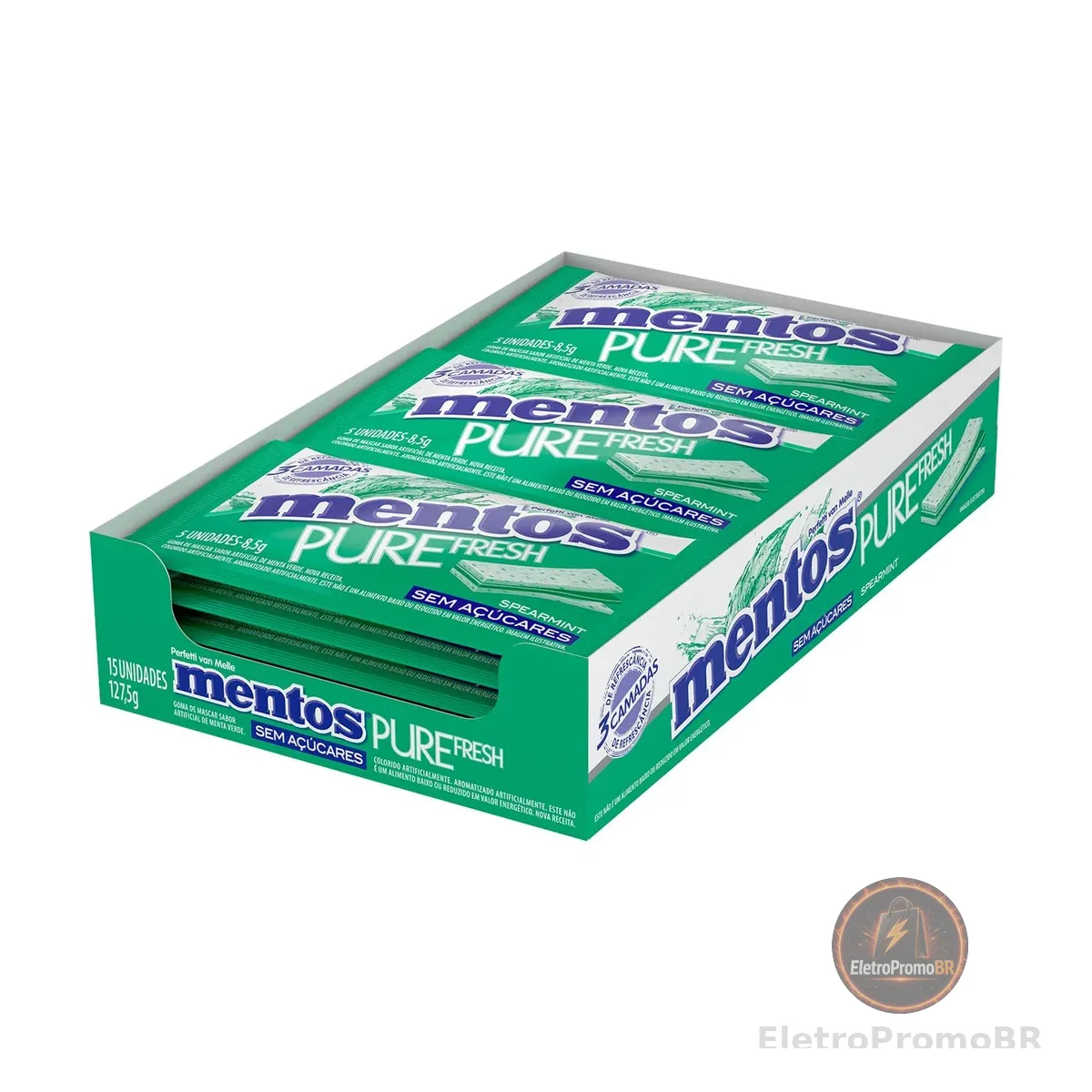 Gomas de Mascar, Mentos, 3 Camadas Pure Fresh Spearmint, Sem Açúcar, Sabor de Menta Verde, Display - 127,5g | 15 Unidades