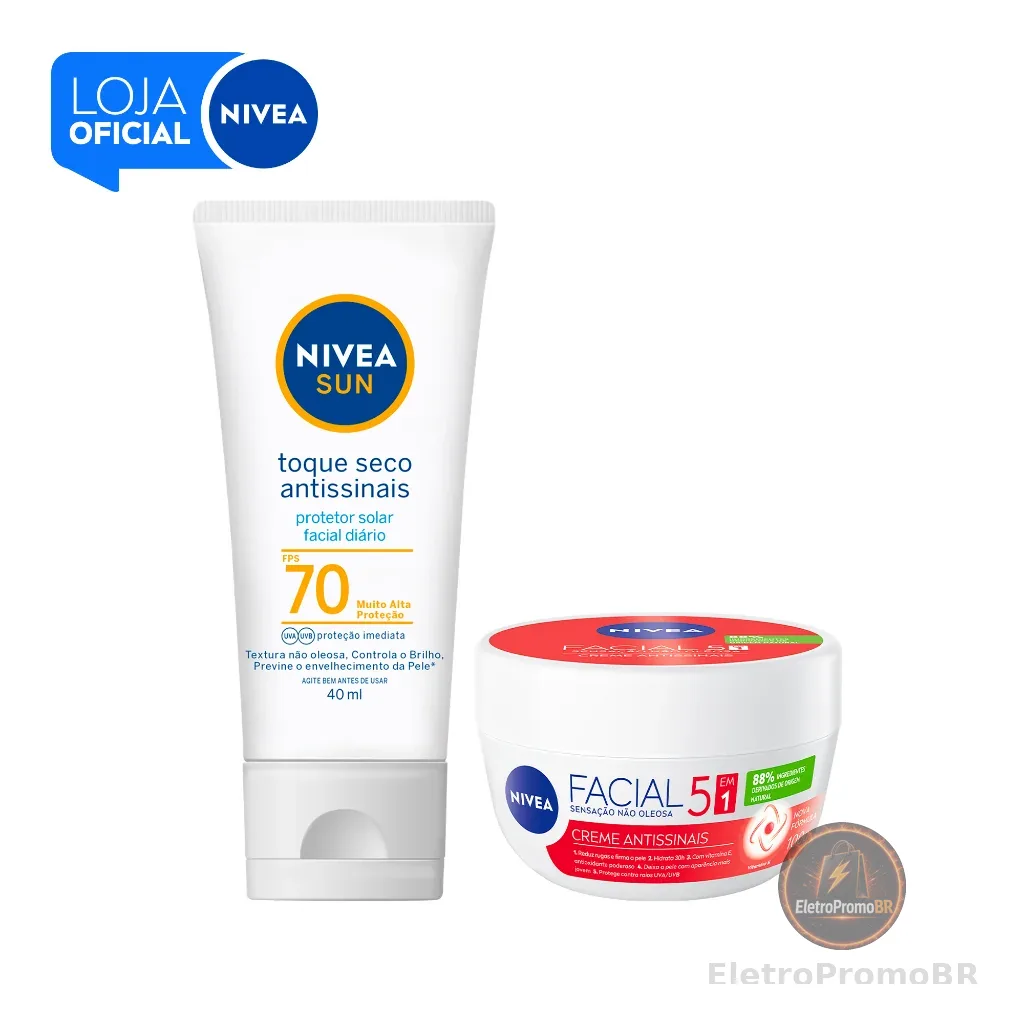 KIT NIVEA Creme Facial Antissinais 100g + Protetor Solar Facial Toque Seco Antissinais FPS 70 Sun 40ml