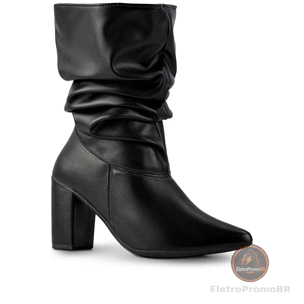 Bota Feminina Lumiss Slouchy Confortável Cano Médio Stretch Enrugado Salto Alto Grosso Bico Fino