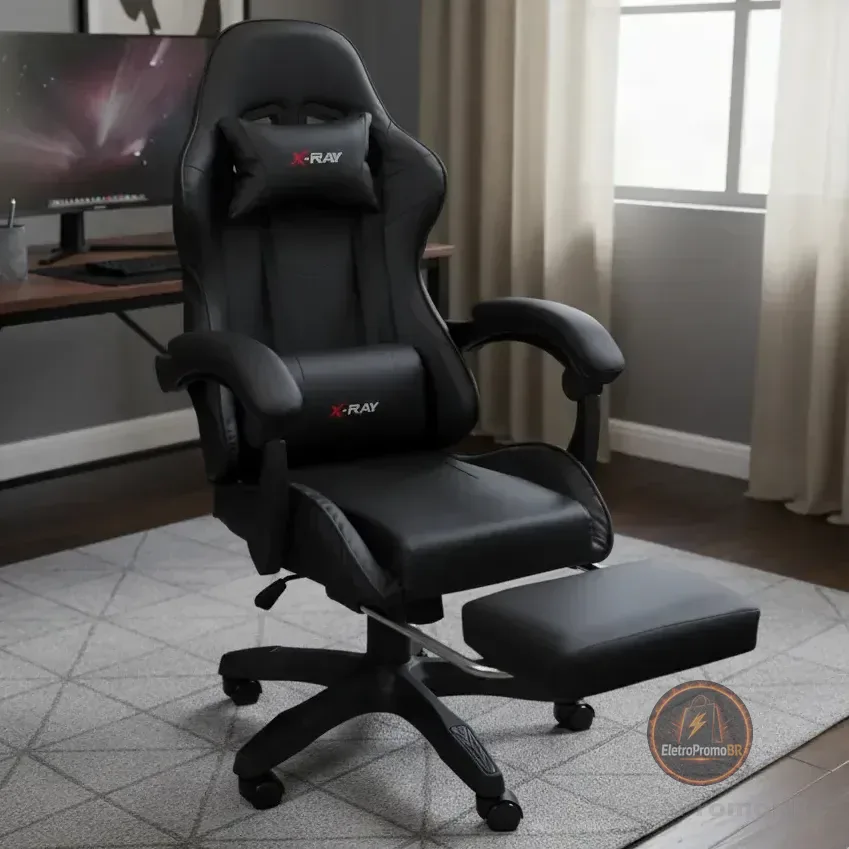 Cadeira Gamer Reclinável X-ray Fit Preta Ergonômica Com Apoio Para Pés Preto Couro Sintético