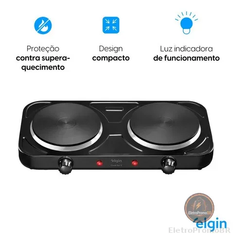 Cooktop Elétrico Portátil 2 Bocas Elgin 2000W com Vidro Temperado FG02 para Cozinha e Camping