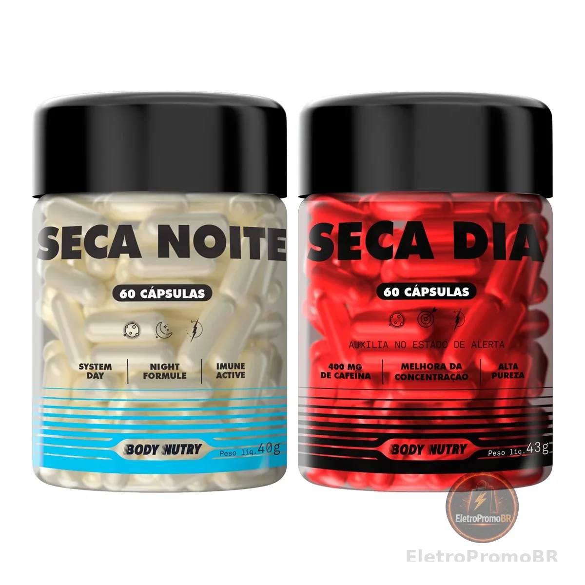 Kit Seca Dia e Seca Noite, Cafeína Triptofano Magnésio Zinco - Auxilia o Metabolismo Energético Foco Disposição,120 Cápsulas - Body Nutry
