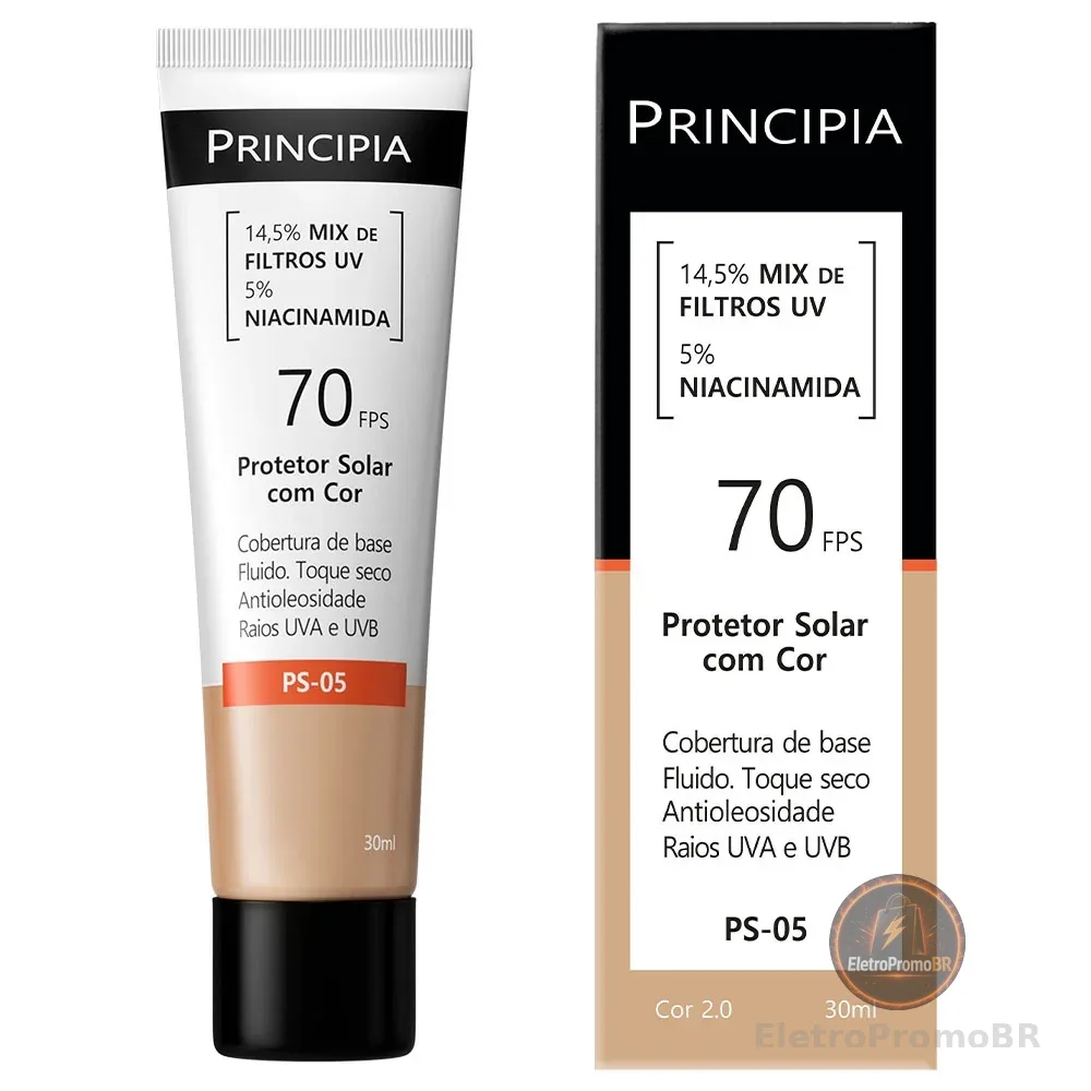 Principia Protetor Solar PS-05 Cor 2.0 c/ 14,5% Mix de Filtros UV + 5% Niacinamida FPS 70 - 30ml