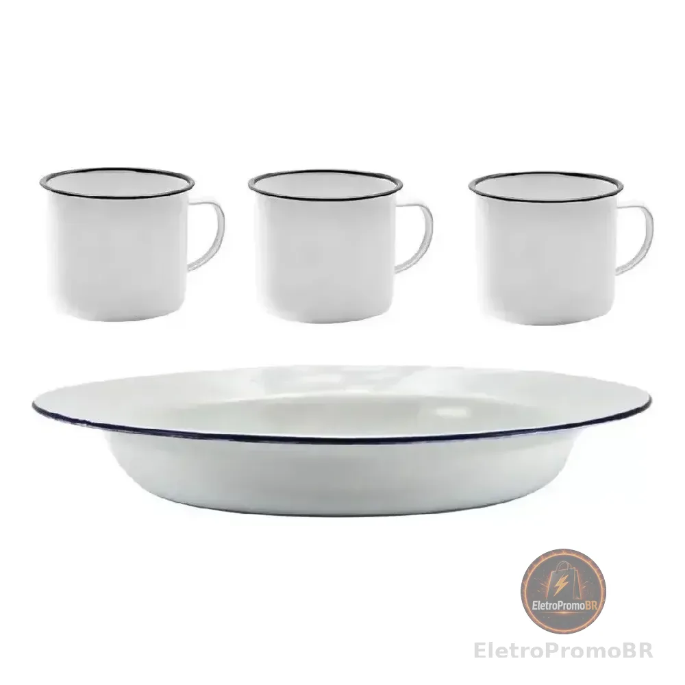 Kit Pratos E Canecas Esmaltados Brancos  Alumínio 12pçs Yazi Branco