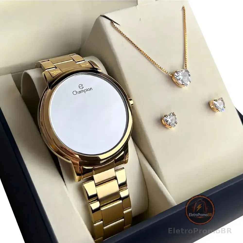 Kit Relógio Feminino Champion Dourado Redondo + Conjunto Colar Brinco Ch40115b Branco