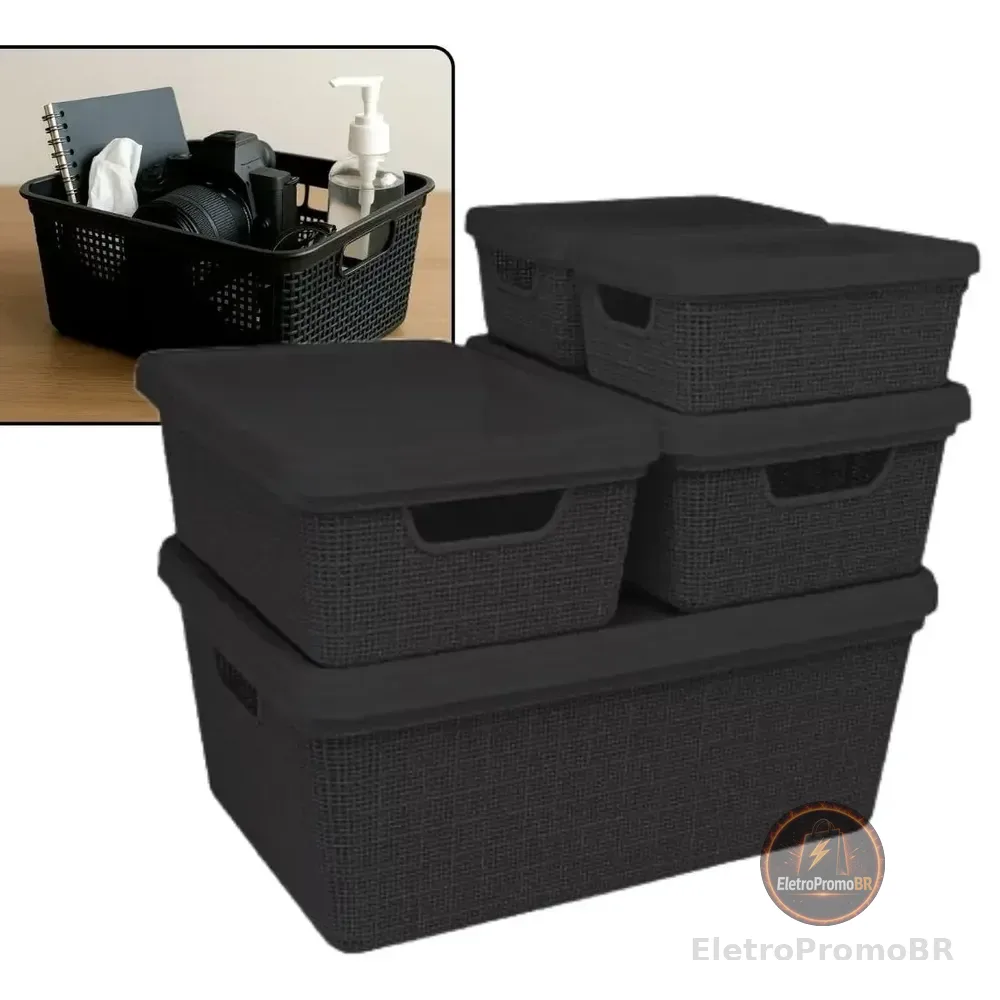 Kit 5 Caixas Organizadoras Cesto Tampa Multiuso 2l 6l 16l Preto Liso