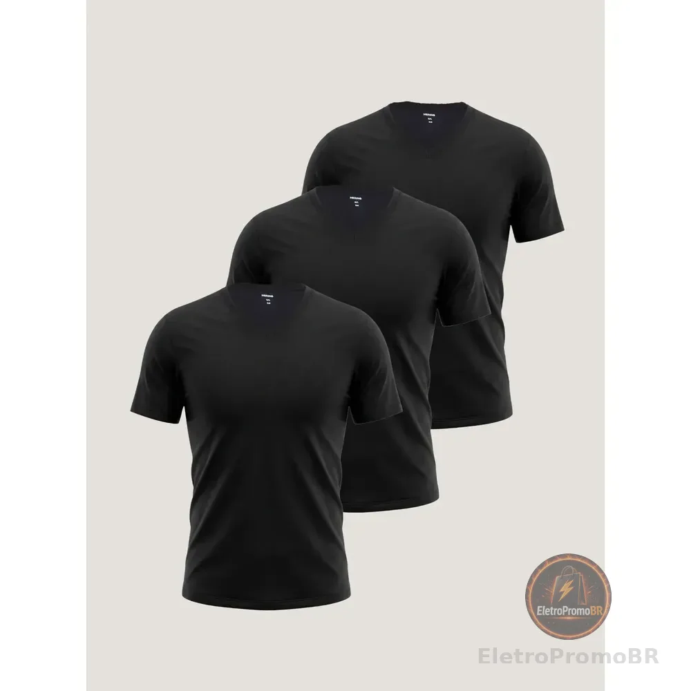 Kit Com 3 Camisetas Masculinas Slim Gola V Hering Preto Lisa Xg