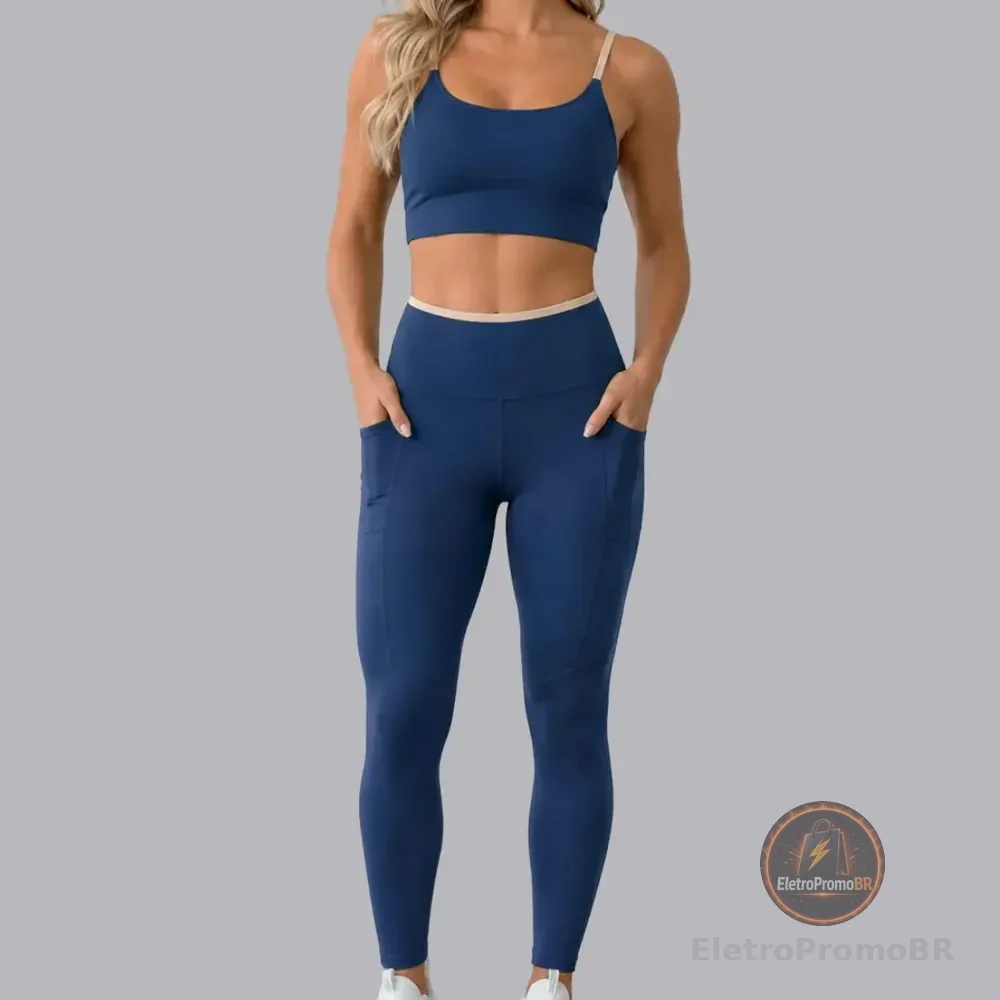 Conjunto Academia Top Calça Legging Fitness Roupa Kit Bolso Azul/areia Liso G 40/42