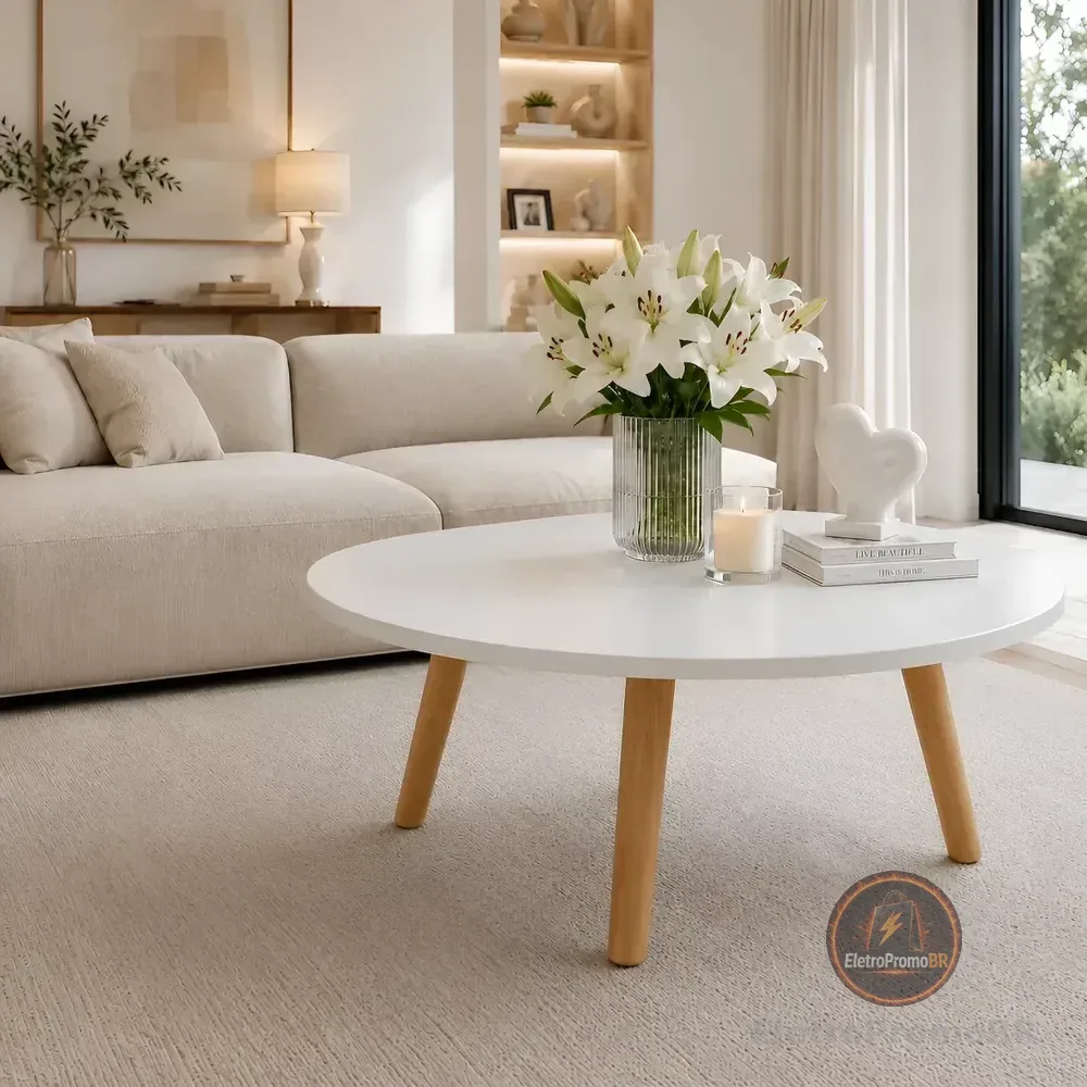 Mesa De Centro Redonda Para Sala Mdf Pés Palito De Madeira Branco