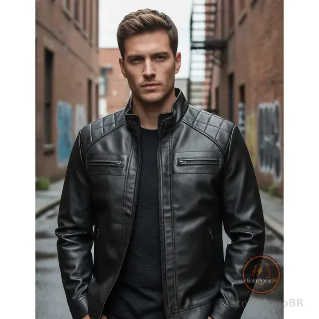 Casaco Couro Masculina Forrada Slim