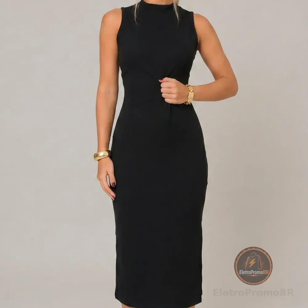 Vestido Midi Canelado Casual Básico Modelador Regata Casual Preto Gg (44-46)