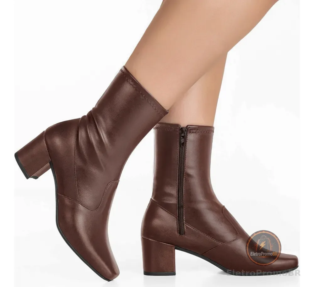 Bota Branca Feminina Stretch Bico Quadrado Salto Grosso 