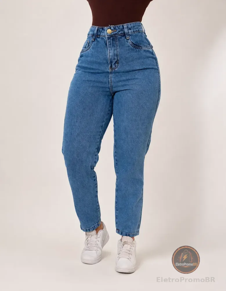 Calça Mom Jeans Cintura Alta Levanta Bumbum Vintage Algodão
