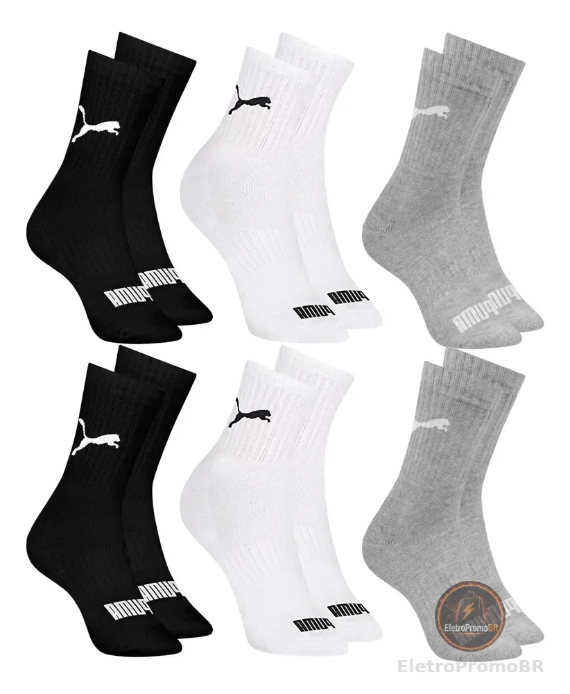 6 Pares Meias Puma Cano Médio Alto Atoalhada Academia Sport
