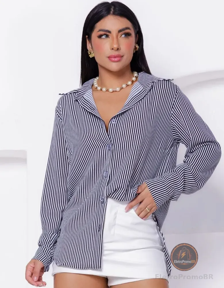 Camisa Social Feminina Clássica Listrada C/ Botões Tendência