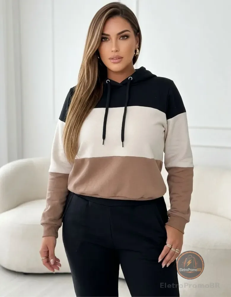 Conjunto Moletom Feminino Flanelado Branco Preto Cinza Moda
