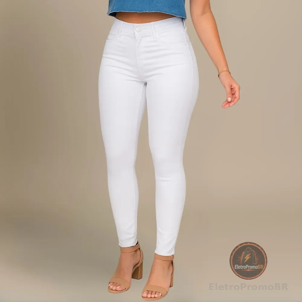 Calça Jeans Branca Feminina Skinny Cós Alto Com Lycra