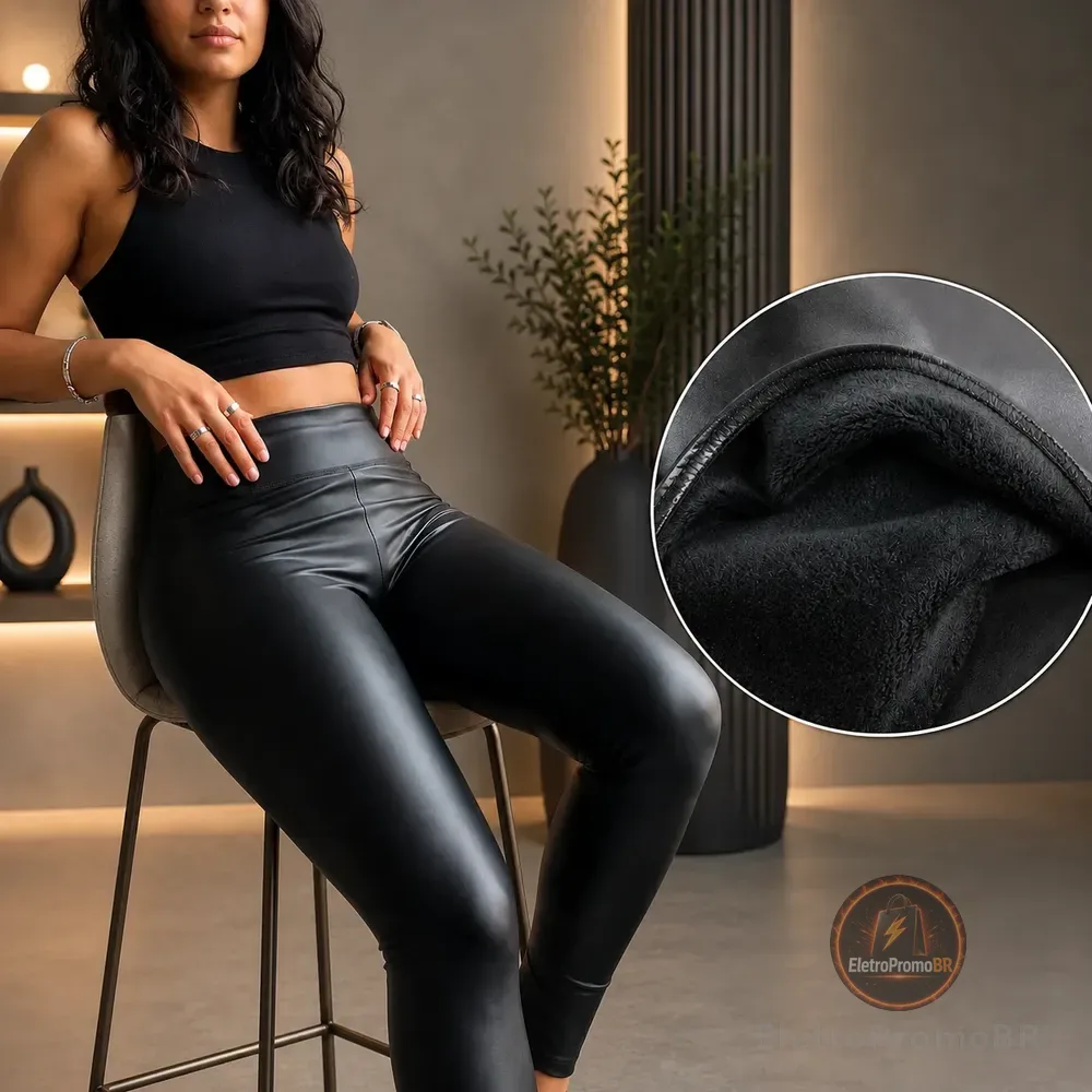Calça Cirrê Feminina Peluciada Inverno Couro Fake Térmica