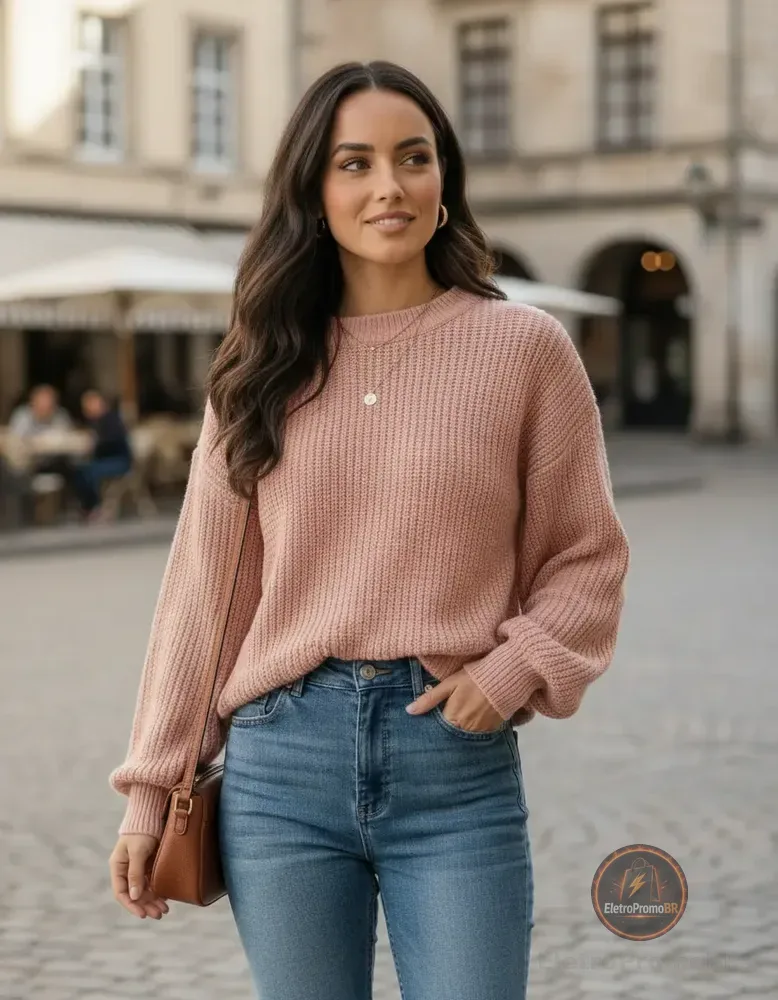 Blusa Feminina Inverno Tricô Manga Longa Balão Moderna