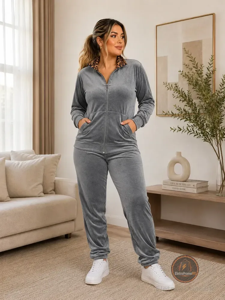 Conjunto Moletom Veludo Plush Blusa De Ziper E Calça