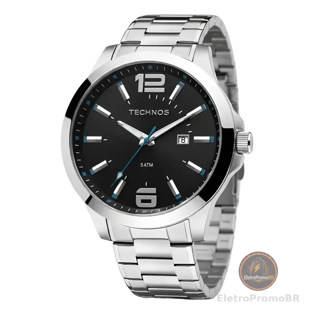 Relógio Masculino Technos De Aço Inoxidável Prata, 45mm, Com Calendário Preta Com Azul