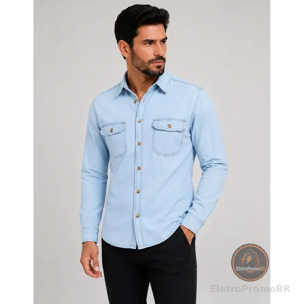 Camisa Jeans Masculina Social Slim Manga Longa Jeans Claro P