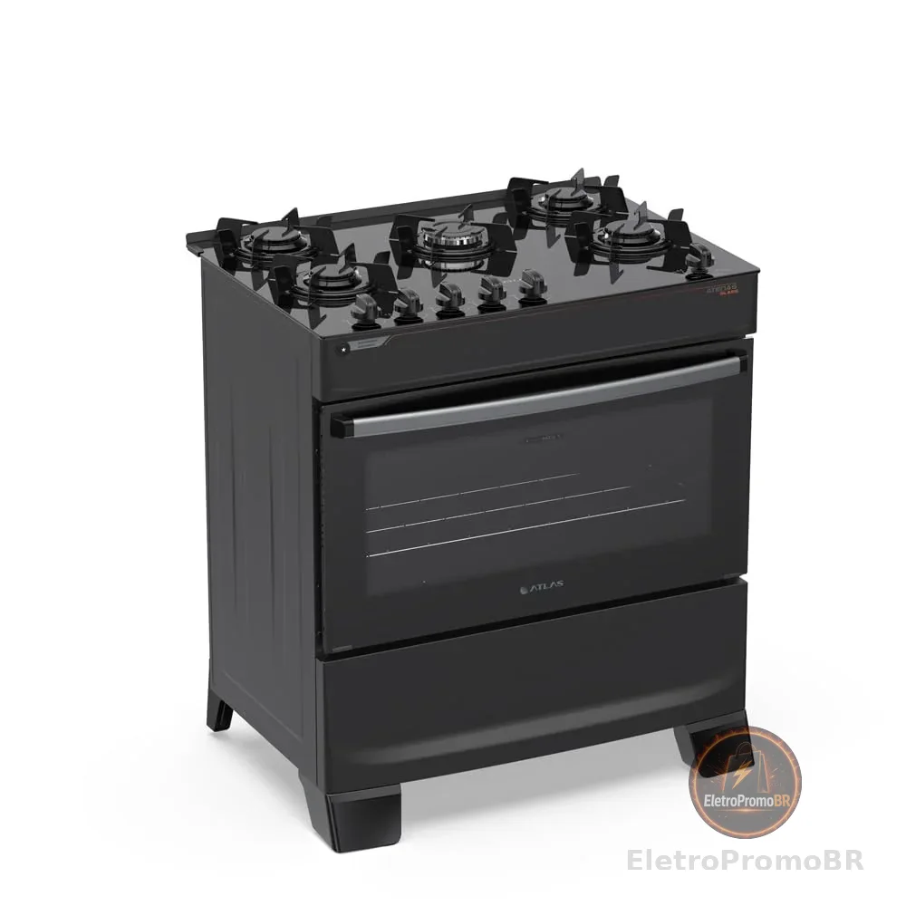 Fogão 5 Bocas Atlas Atenas Glass com mesa de Vidro a Gás Preto Bivolt
