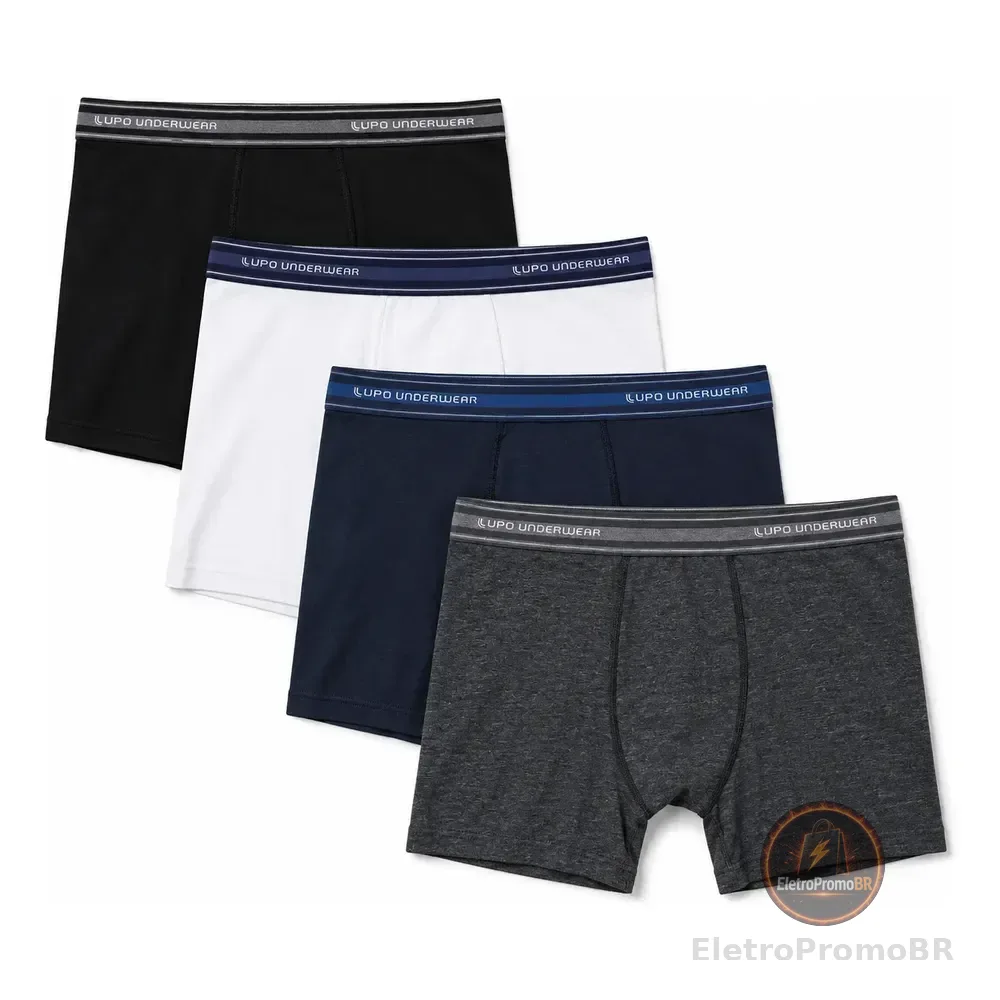Kit 4 Cuecas Boxer Lupo Algodão Confortável Original Box 1 Preto / 1 Chumbo / 1 Marinho / 1 Branco Liso G - 46/48