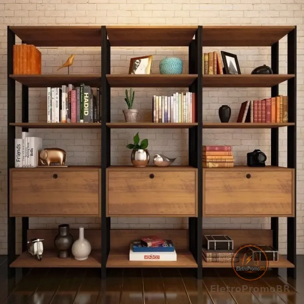 Conjunto 3 Estantes Para Livros Industrial 1 Porta Mdp Db Marrom