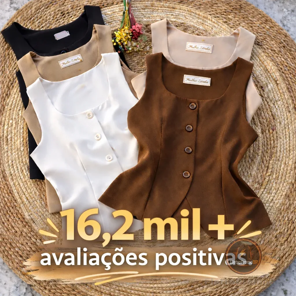 Colete Feminino Alfaiataria Alça Larga Gola Quadrada com Detalhe Aberto