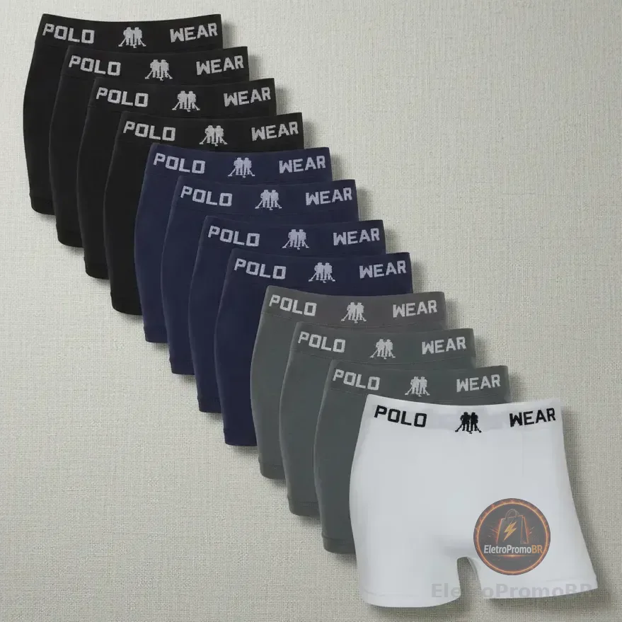 Kit 12 Cuecas Boxer Polo Wear Masculino Microfibra Sortida Branco, Cinza, Preto E Azul Marinho Liso P