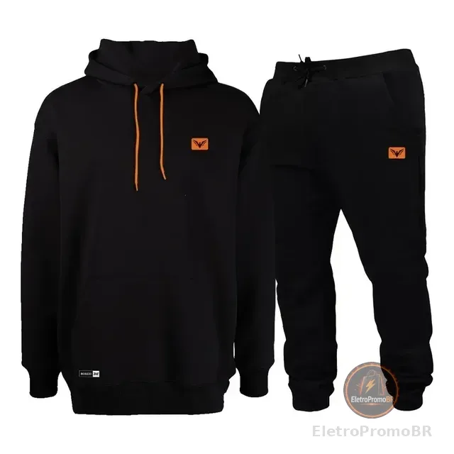 Conjunto Blusa Frio Moletom Capuz Bolso Calça Inverno Preto
