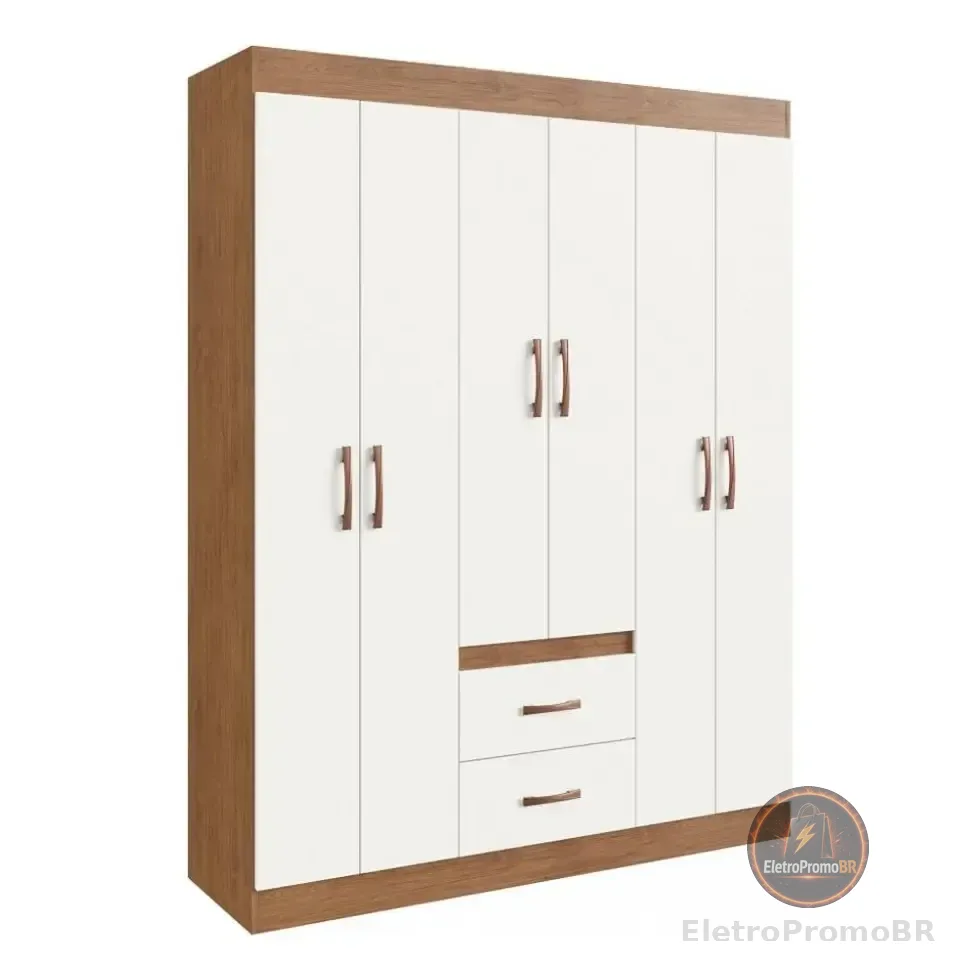 Guarda Roupa Solteiro 6 Portas 2 Gavetas Sidney Doripel Cor Off White/nogueira