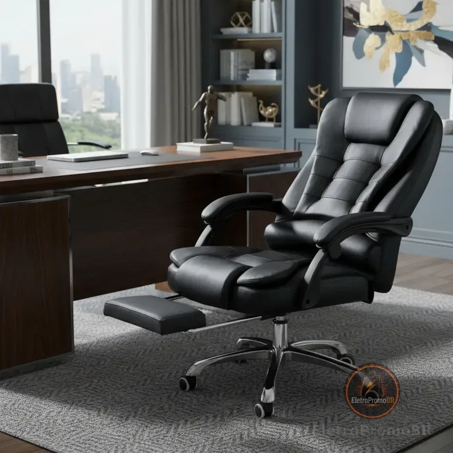 Cadeira De Escritório Presidente Ergonômica Python Fly Couro Sintético Encosto Ajustável Com Trava E Apoio Para Pés Cor Preta Preto