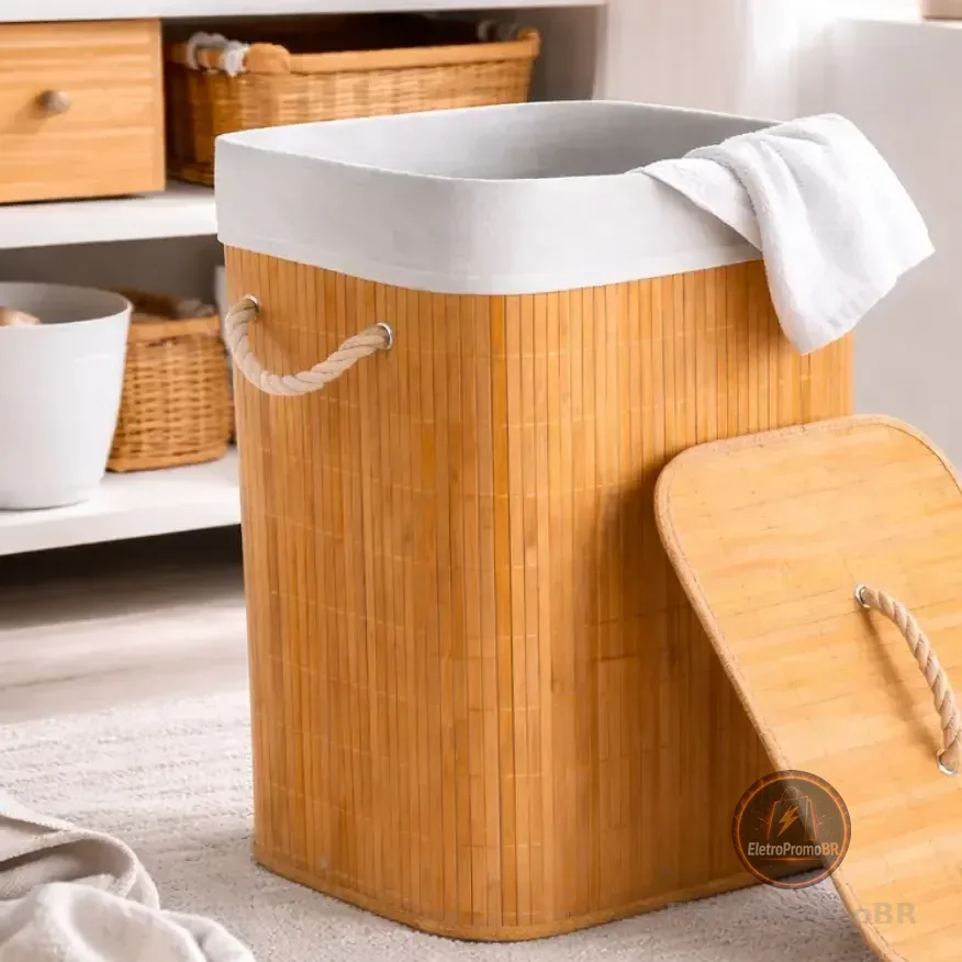 Cesto De Roupa Suja Bambu Dobrável Com Tampa Alças 72 Litros Bambu