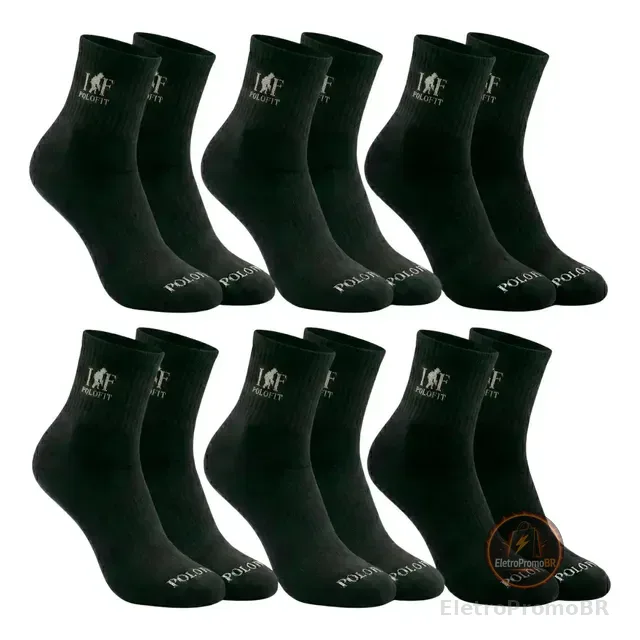 Kit 6 Pares Meia Cano Médio Alto Unissex Algodão Polo Fit