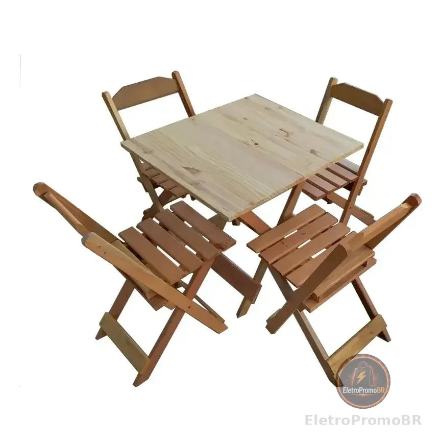 Jogo Conjunto Mesa Dobrável 70x70 C/4 Cadeiras Madeira Liso