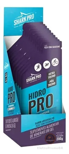 Shark Pro Shark-Up Hidro Pro Display 10 Sachês de 20g Gel com Eletrólitos Sabor Açaí com Guaraná Sódio 225mg Potássio 210mg Cloreto Reposição Eletrolítica Zero Cafeína Sem Açúcar Sem Glúten Suplemento Alimentar