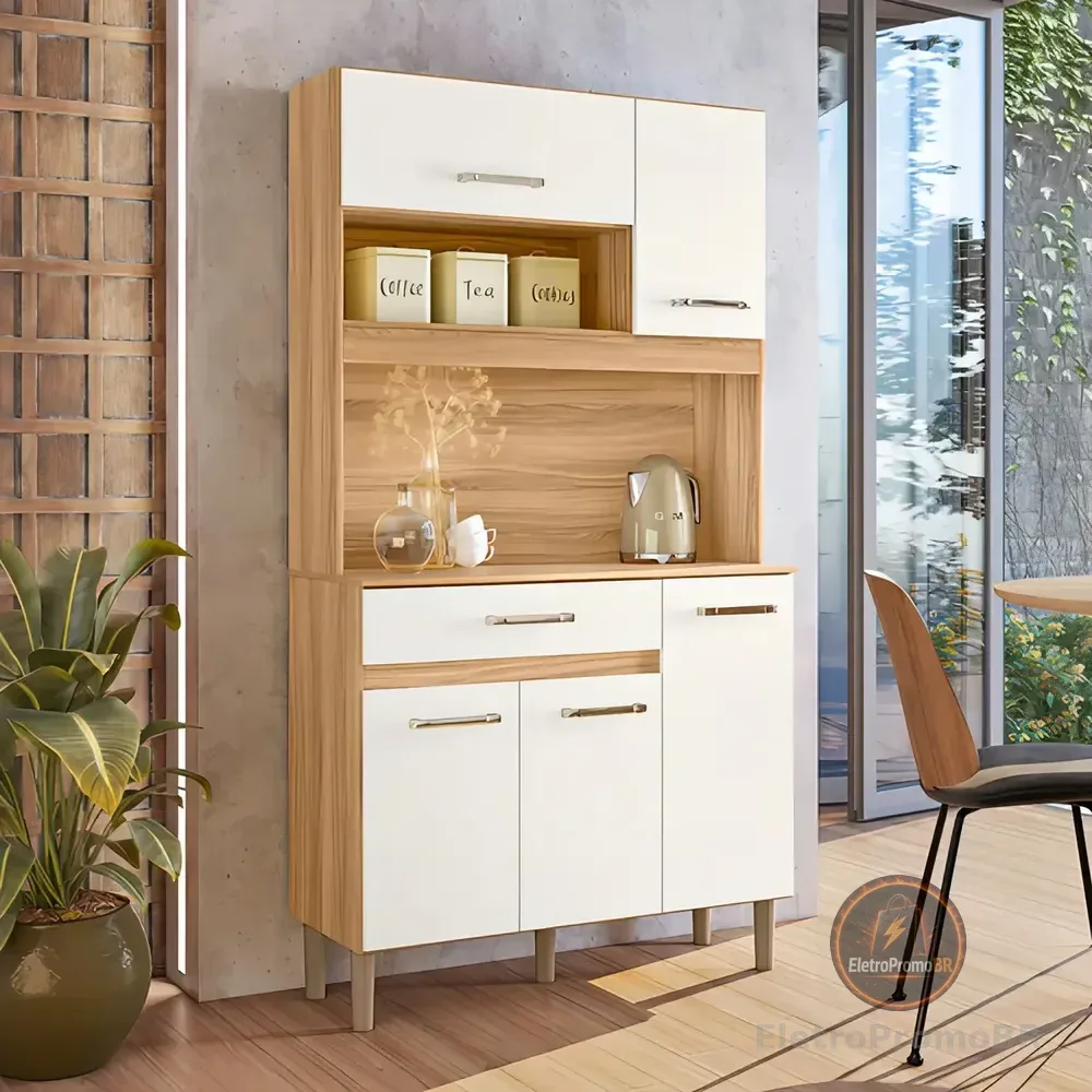 Jogo Armário De Cozinha Compacto Magazin Com 5 Portas E 1 Gaveta Multiuso E Bancada Multifuncional Cor Freijó E Off Ms Maciel & Signorini Freijó/off White Cristal