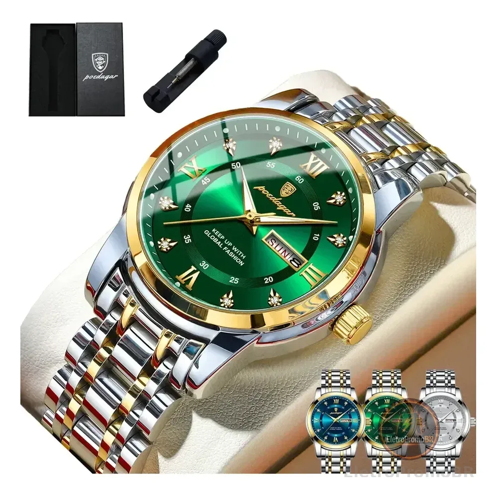 Relógio Poedagar Masculino Luxo Original Com Nota Fiscal Prateado Verde