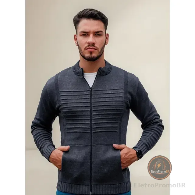 Jaqueta Masculina Blusa De Frio Malha Grossa Ziper E Bolso