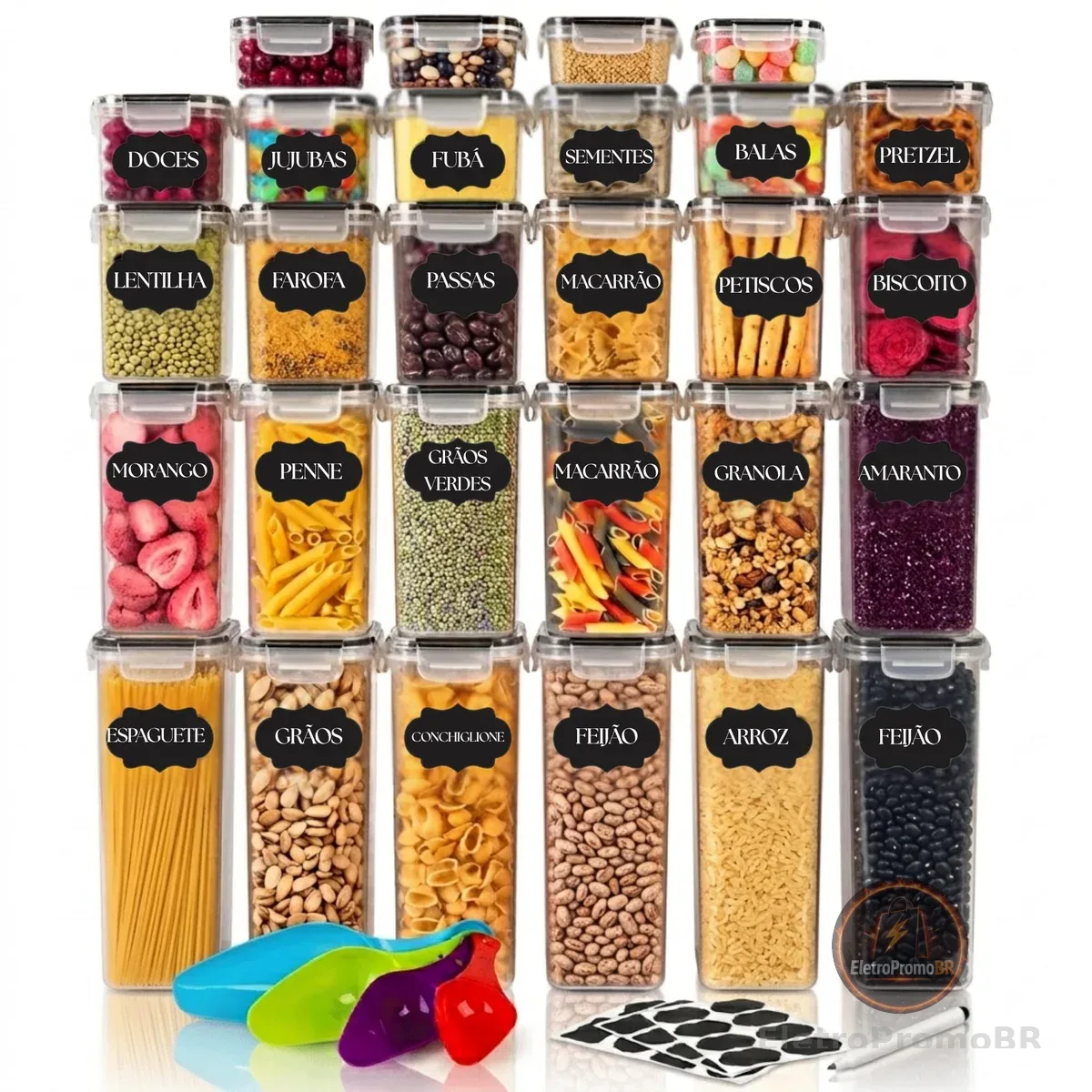 Kit 28 Potes Herméticos Porta Mantimentos Organizador de Armário Despensa | Recipientes de plástico, sistema de vedação com trava, design empilhável para alimentos, livre de BPA