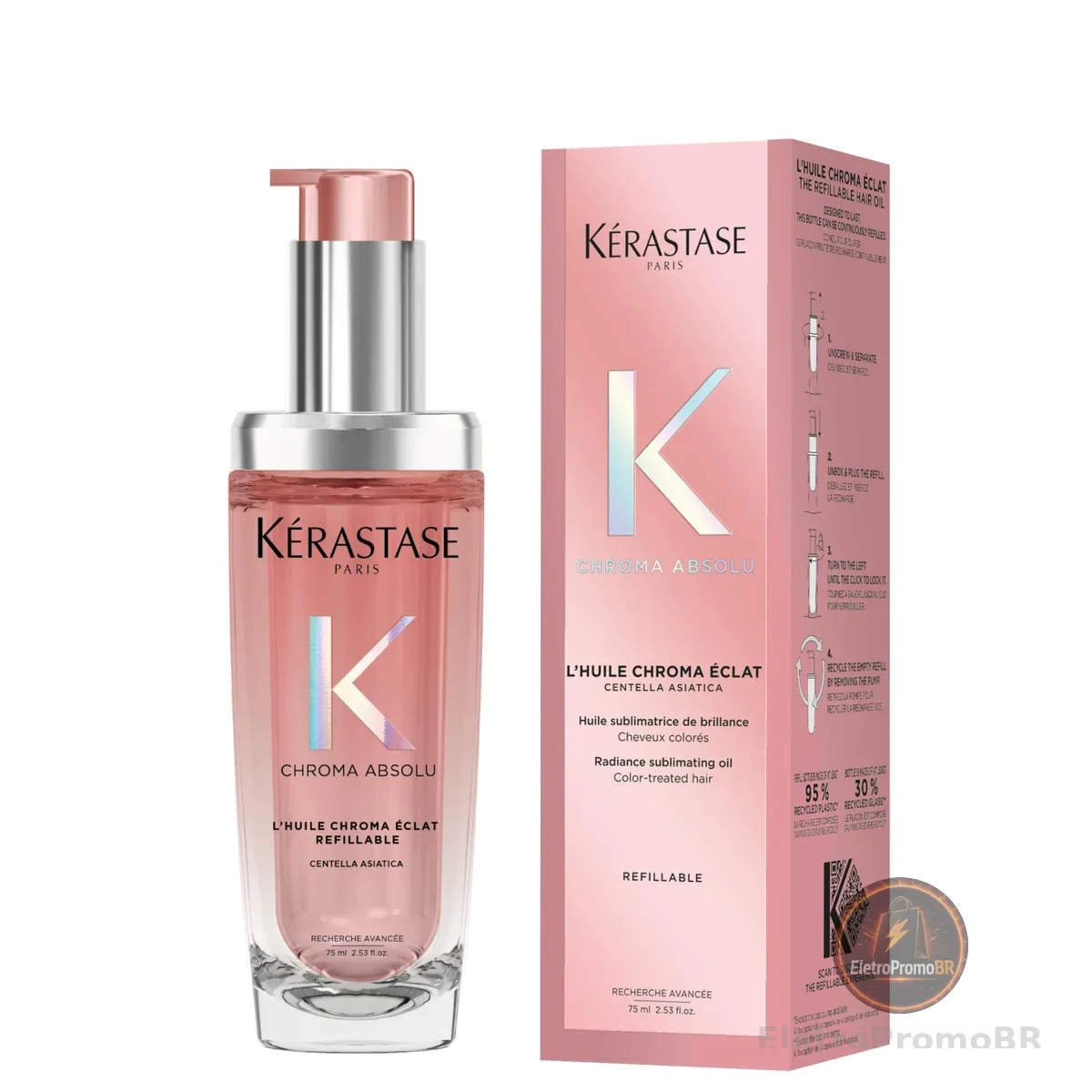 Kérastase Óleo Chroma Absolu Huile de Parfum Refilável, para cabelos coloridos, com proteção UV e protetor térmico até 230ºC, brilho, hidratação, proteção de cor, 75ml