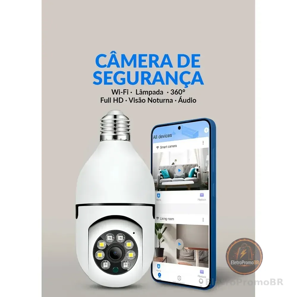 Câmera De Segurança Lâmpada Wi-fi Ip 360 Graus Full Hd 1080p E27 Monitoramento Residencial Interno Pelo Celular... Branco