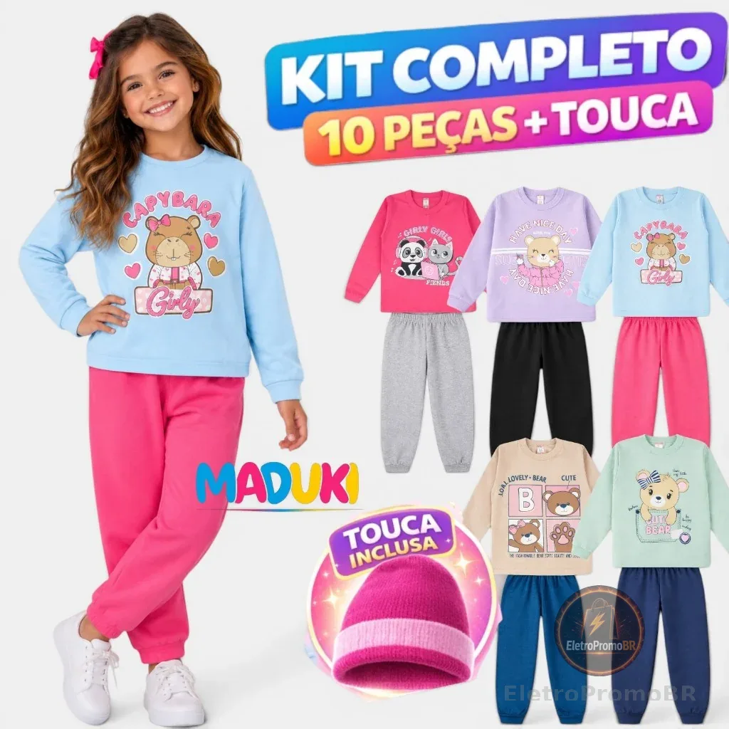 Kit 10 Peças Moletom + Touca Infantil Menina 1 a 8 Inverno