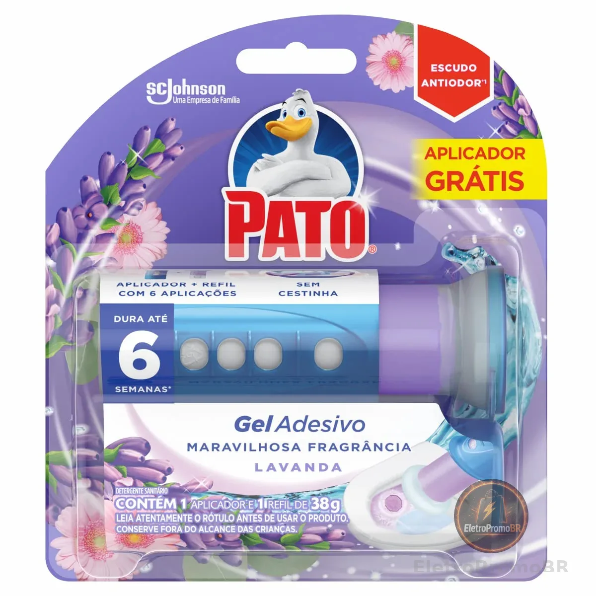 Pato Desodorizador Sanitário Gel Adesivo Lavanda, Limpeza Banheiro, Com Aplicador, 6 Discos