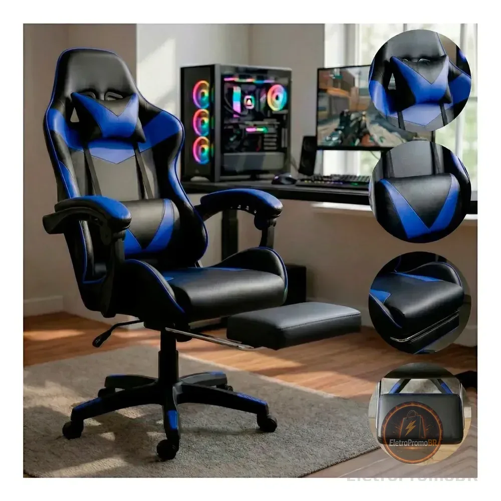 Cadeira Escritório Gamer Ergonômica Reclinável Com Apoio Dos Pés Em Couro Azul Led Tools Couro Sintético
