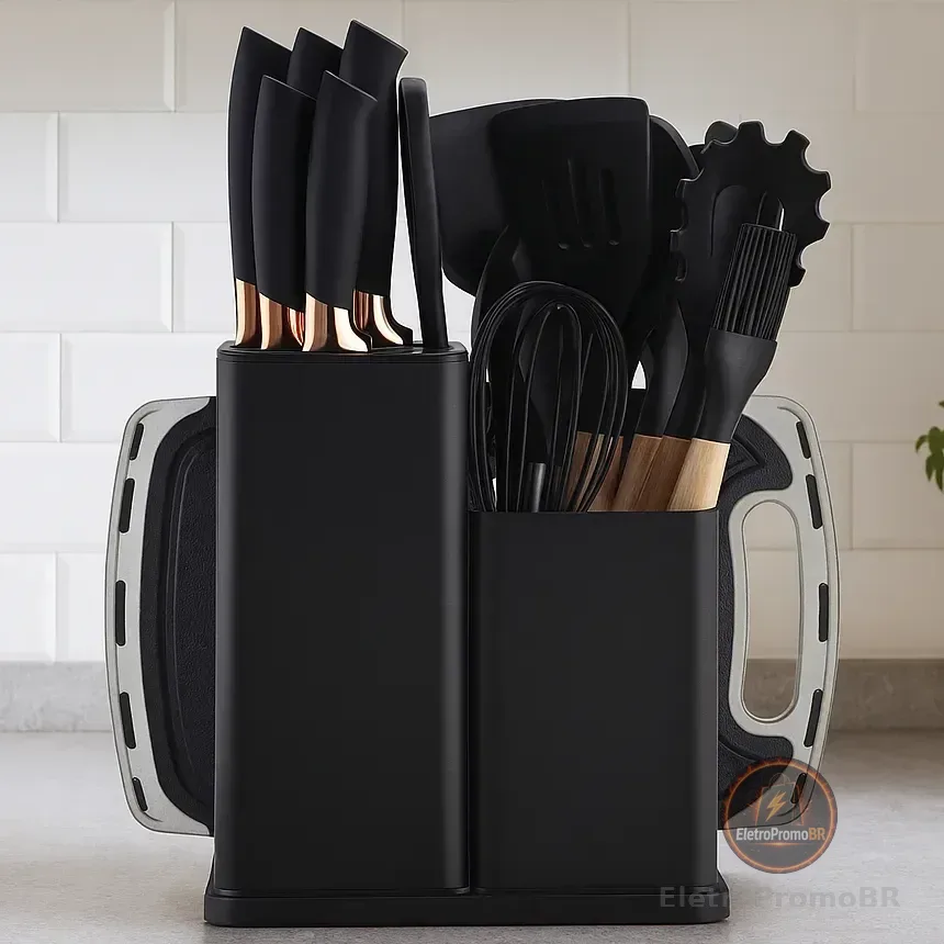 19 Peças Kit Utensilios Cozinha Tábua Em Silicone Espátula Preto