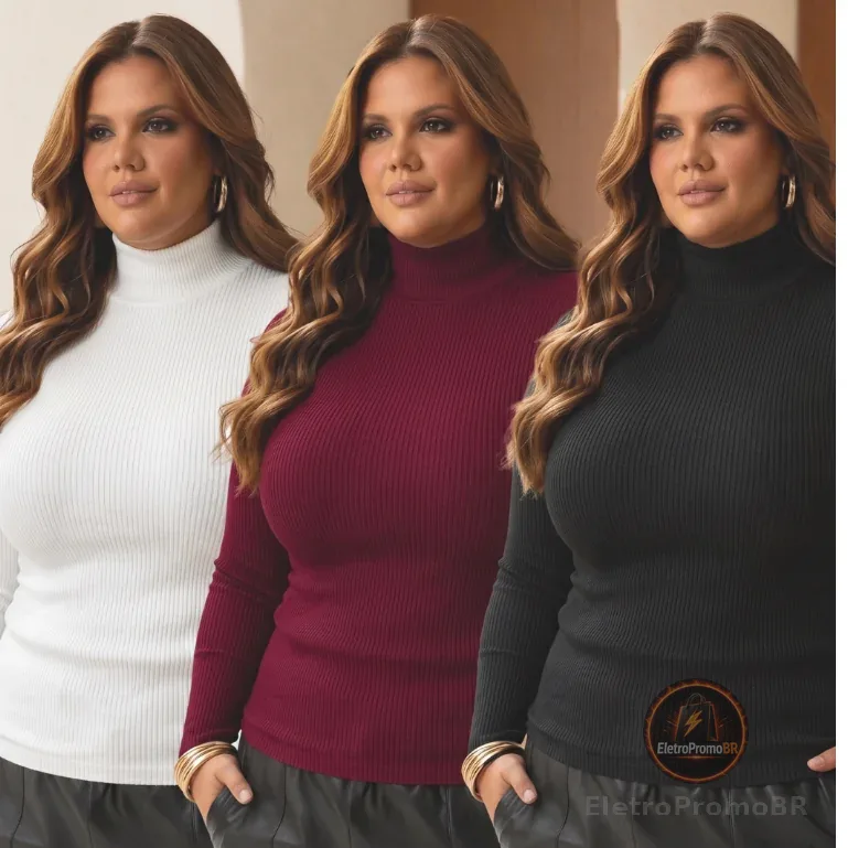 Blusa Cacharel segunda pele Plus Size Gola Alta Canelada Elegante quentinha blusa inverno curve frio